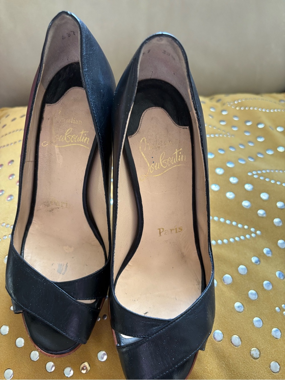 Christian Louboutin Black Satin Peep-Toe Heels